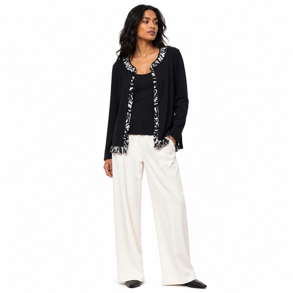 Vintage Misook Womens Cardigan Open Front Zebra Trim Black 2X Quiet Luxury Artsy
